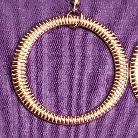 Rose Gold & Copper Tone Textured Holographic Round Dangle Drop Earrings - Picture 2 of 10